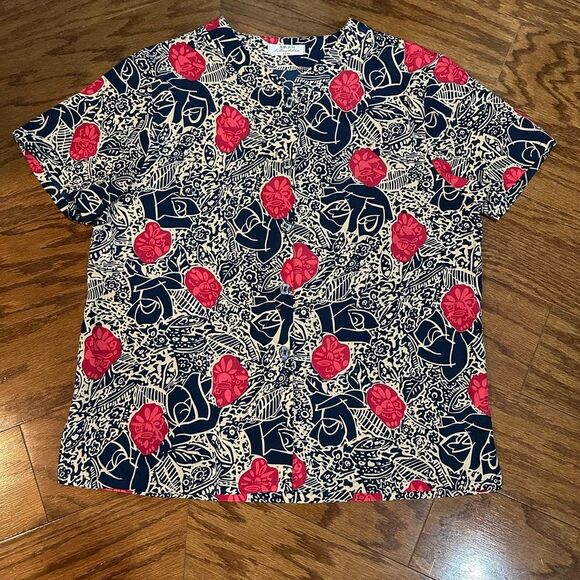 Vintage Women’s Blue and Floral Short Sleeve Blouse - Picture 1 of 4